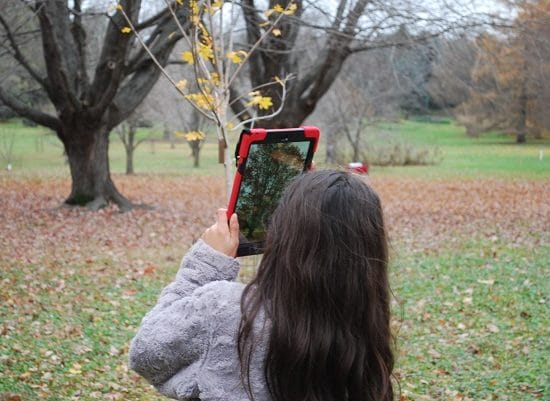 Student capturing nature photo with iPad